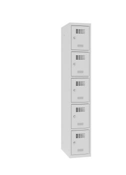 Ein lichtgrauer Fächerschrank mit einem Abteil und fünf Fächern mit jeweils einer Tür. Alle Türen sind geschlossen. Der Schrank steht vor einem weißen Hintergrund.